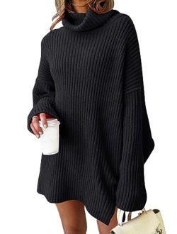 LILLUSORY Women Turtleneck Batwing Sleeve Sweater Mini Dress Cozy Oversized Tunic Pullover Long Knit Tops