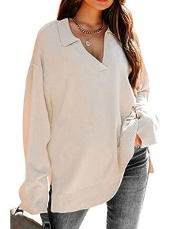 LILLUSORY Womens V Neck Collared Oversized Fall Sweater 2022 Sexy Long Sleeve Knit Pullover Tunic Sweaters Top