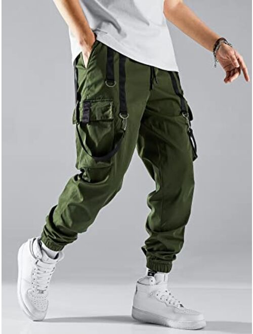 WDIRARA Men's Colorblock Cargo Pants Drawstring Waist Active Sporty Pants with Pockets
