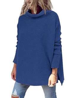 LILLUSORY Women's Mock Turtleneck Casual Oversized Sweater Long Batwing Sleeve Spilt Hem Ribbed Knit Pullover Tops