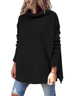 LILLUSORY Women's Mock Turtleneck Casual Oversized Sweater Long Batwing Sleeve Spilt Hem Ribbed Knit Pullover Tops