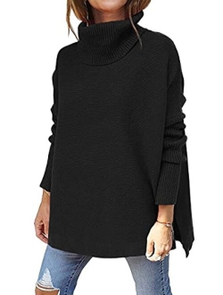 LILLUSORY Women's Turtleneck Oversized Sweaters 2022 Fall Long Batwing Sleeve Spilt Hem Tunic Pullover Sweater Knit Tops