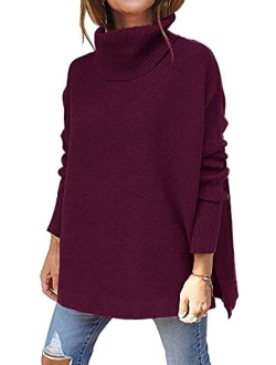 LILLUSORY Women's Turtleneck Oversized Sweaters 2022 Fall Long Batwing Sleeve Spilt Hem Tunic Pullover Sweater Knit Tops
