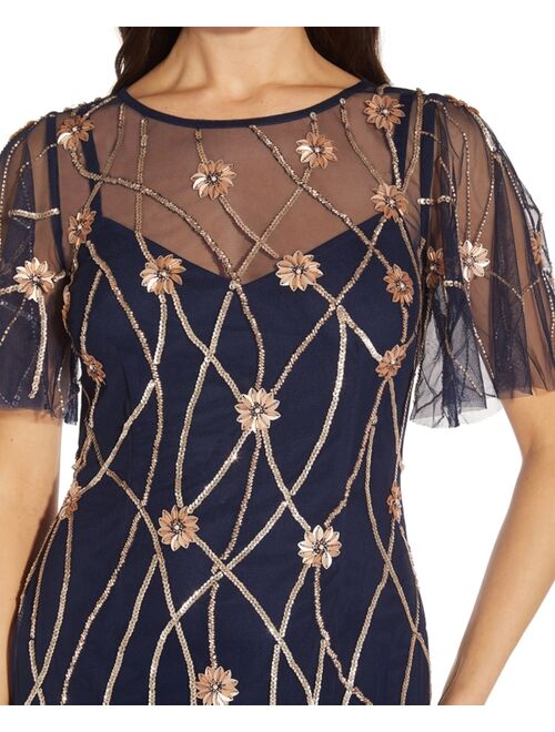 Adrianna Papell Flutter-Sleeve Embellished Party Dress