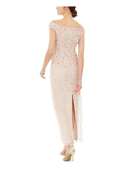 Adrianna Papell Off-The-Shoulder 3-D Beaded Gown