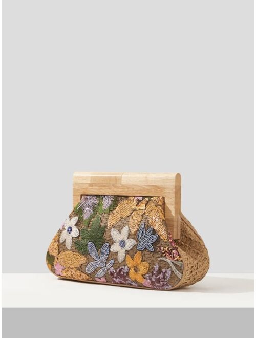 Shein Floral Embroidered Sequin Decor Straw Bag