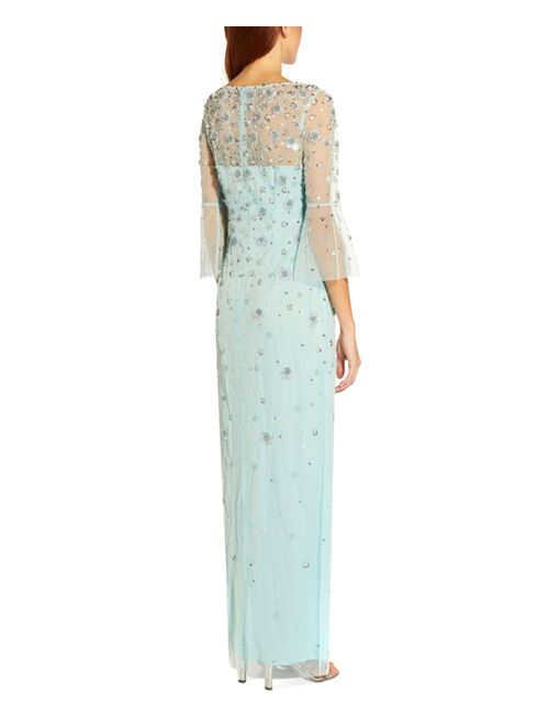 Adrianna Papell Women's Floral-Beaded Bell-Sleeve Gown