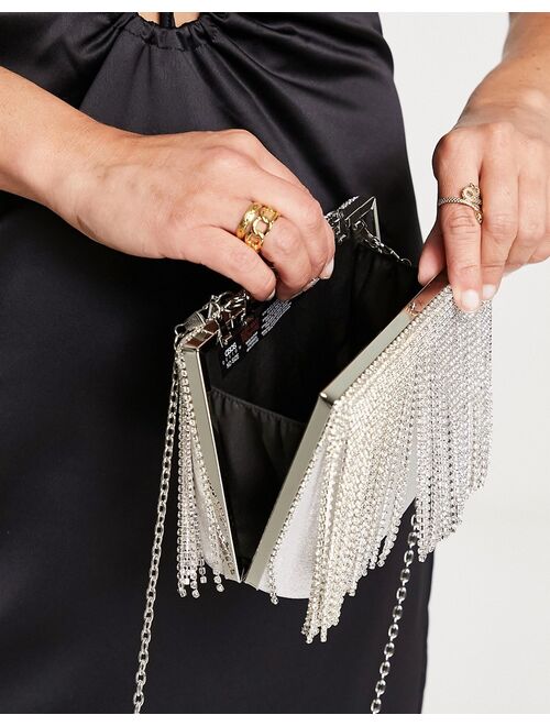 ASOS DESIGN grab bag with diamante fringe and top handle with detachable cross-body strap in silver