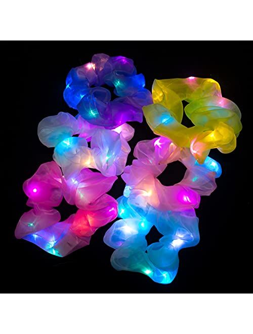 Pozilan 8 Pcs LED Scrunchies for Women - Led Glow Hair Bands, Light Up Hair Scrunchy for Girls, Colorful Yarn Hair Tie Multi Light Modes, Glow in the Dark Hair Accessorie