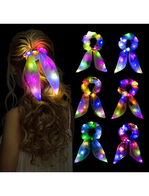 Pozilan Neon Light Up Bow Scrunchies for Girls, Cute Led Hair Scrunchie Ponytail Holders Scarf Hair Ties Women Rave Accessories Glow in the Dark Party Favors Supplies Bir
