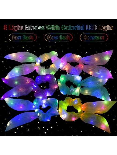 Pozilan Neon Light Up Bow Scrunchies for Girls, Cute Led Hair Scrunchie Ponytail Holders Scarf Hair Ties Women Rave Accessories Glow in the Dark Party Favors Supplies Bir
