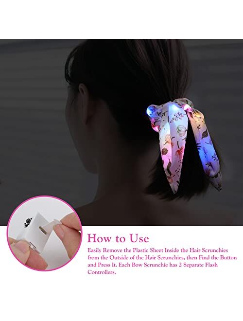 Yl Mainland Neon Light Up Bow Scrunchies for Girls, Cute Led Hair Scrunchie Ponytail Holders Scarf Hair Ties Women Rave Accessories Glow in the Dark Party Favors Supplies