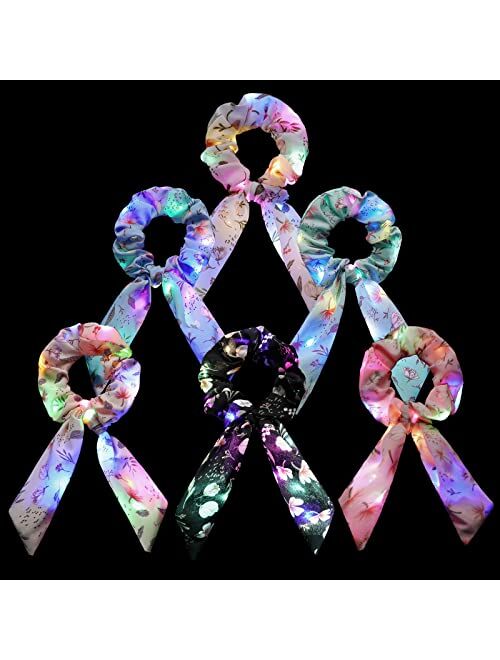 Yl Mainland Neon Light Up Bow Scrunchies for Girls, Cute Led Hair Scrunchie Ponytail Holders Scarf Hair Ties Women Rave Accessories Glow in the Dark Party Favors Supplies