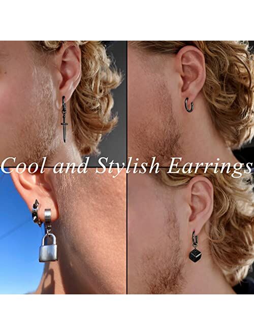 17 MILE Black Cross Earrings for Men, 28 Pieces Stainless Steel Long Chain Dangle Piercing Hoop Earrings Set for Gifts