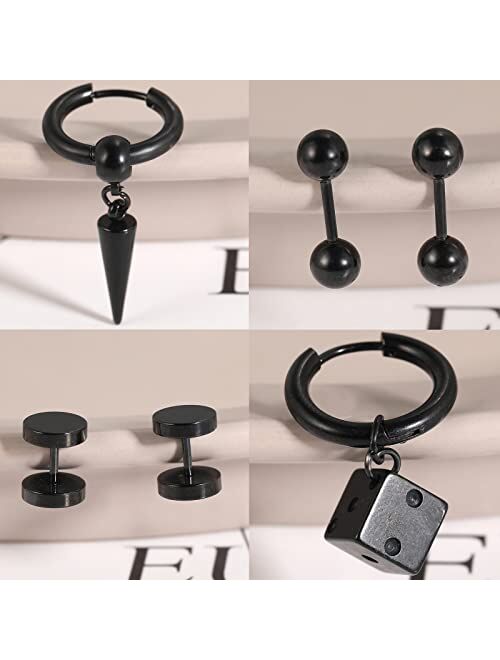 17 MILE Black Cross Earrings for Men, 28 Pieces Stainless Steel Long Chain Dangle Piercing Hoop Earrings Set for Gifts