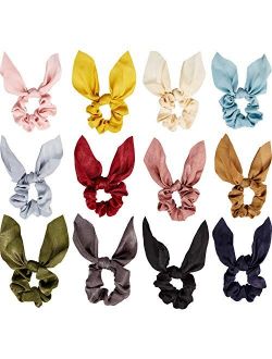 Yaomiao 12 Pieces Bow Hair Scrunchies Rabbit Bunny Ear Scrunchies Silk Bow Bowknot Scrunchies Bobbles Elastic Hair Ties Ropes Ponytail Holder Accessories for Women Girls