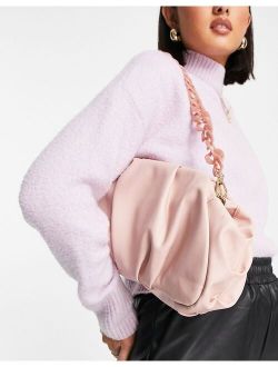 oversized ruched clutch bag in dusky pink with detachable shoulder chain