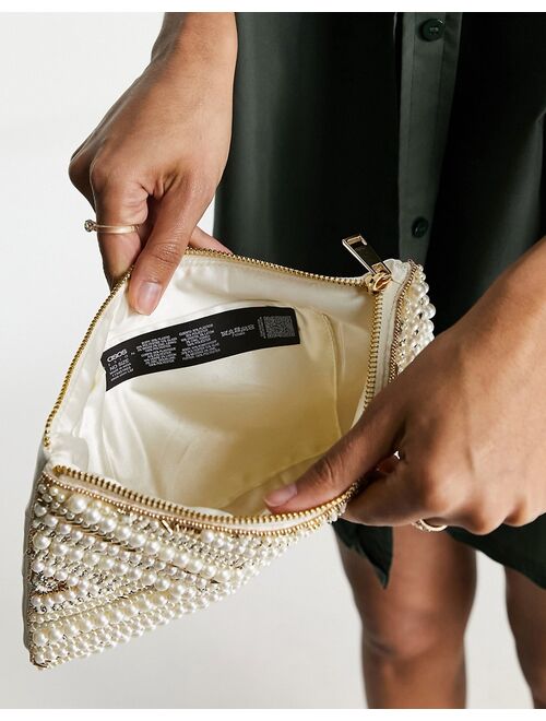 ASOS DESIGN beaded clutch in off white and gold