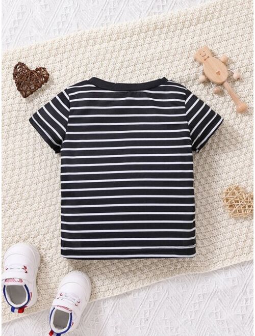 Shein Baby Striped Print Heart Embroidery Tee