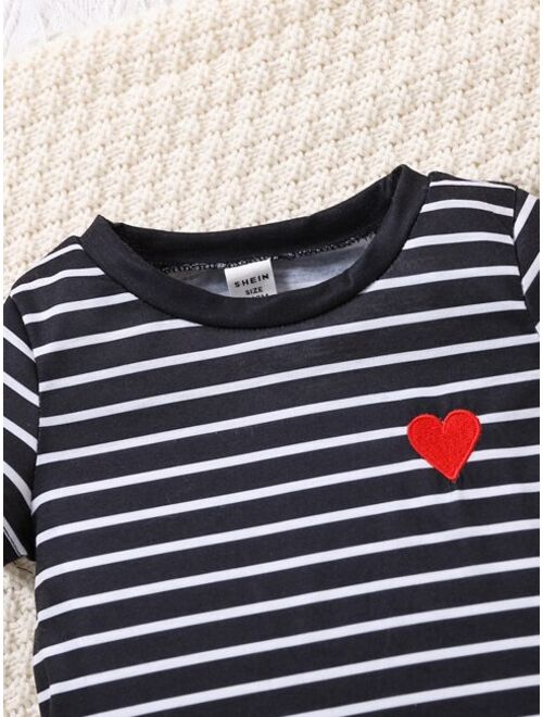 Shein Baby Striped Print Heart Embroidery Tee