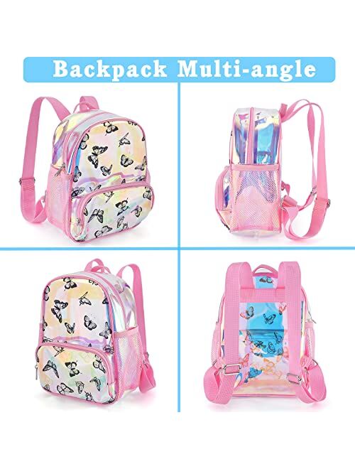 Clearlove Clear Backpack Iridescent Kids Backpack with Butterfly Print Use Piping Design Suitable for Toddler,Children and Teenager