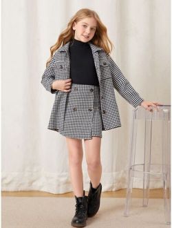 Girls Houndstooth Flap Pocket Tweed Coat & Double Breasted Skirt