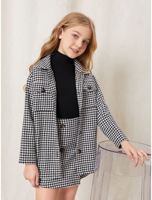 SHEIN Girls Houndstooth Flap Pocket Tweed Coat & Double Breasted Skirt