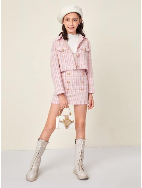 SHEIN Girls Gold Button Detail Tweed Jacket & Skirt Set