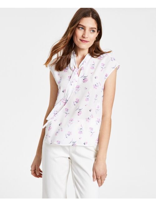 Bar III Floral-Print Tie-Neck Blouse, Created for Macy's