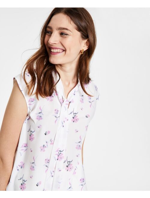 Bar III Floral-Print Tie-Neck Blouse, Created for Macy's