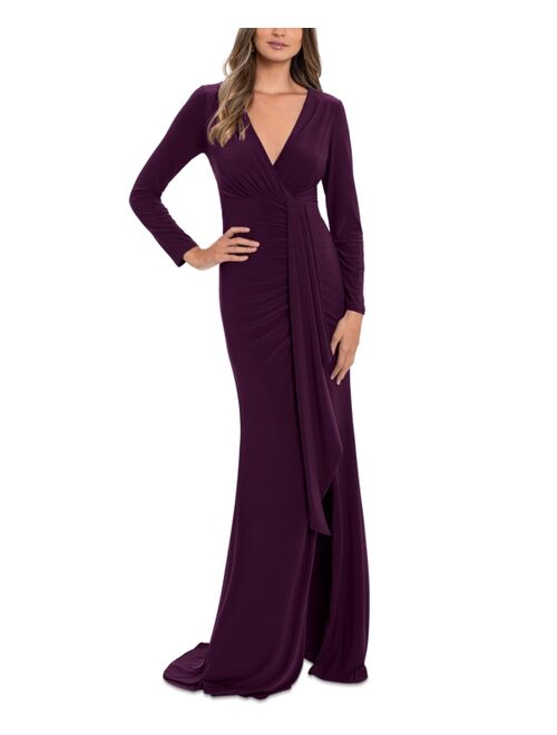 Betsy & Adam Ruched V-Neck Gown