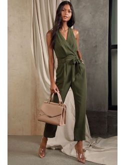 In the City Olive Green Surplice Sleeveless Jumpsuit