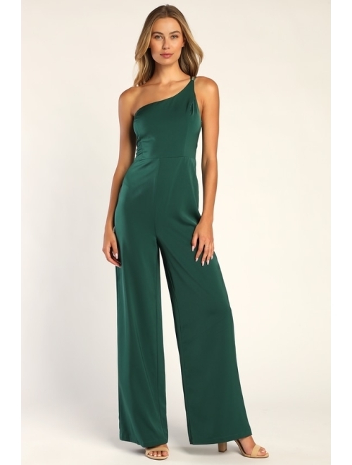 Lulus Flirty Femme Black Satin One-Shoulder Wide-Leg Jumpsuit