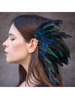 Umifuo Blue Feather Ear Cuff, Pierceless Boho Earrings Natural Rooster Feathers Ear Cuffs Wrap for Wedding Burning Man Festival Halloween Cosplay Left
