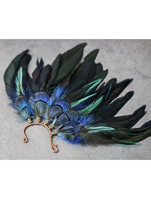 Umifuo Blue Feather Ear Cuff, Pierceless Boho Earrings Natural Rooster Feathers Ear Cuffs Wrap for Wedding Burning Man Festival Halloween Cosplay Left