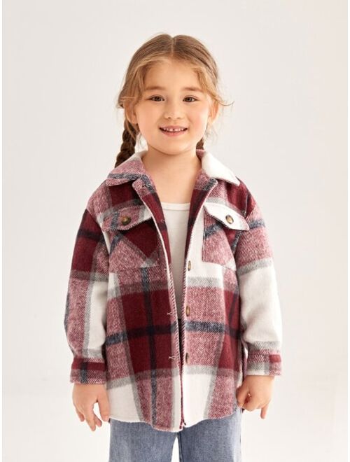 SHEIN Toddler Girls Plaid Print Flap Pocket Overcoat