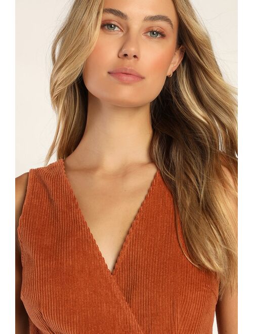 Lulus Absolutely Cute Rust Orange Corduroy Faux-Wrap Skort Romper