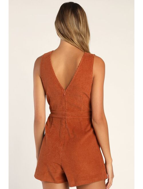 Lulus Absolutely Cute Rust Orange Corduroy Faux-Wrap Skort Romper