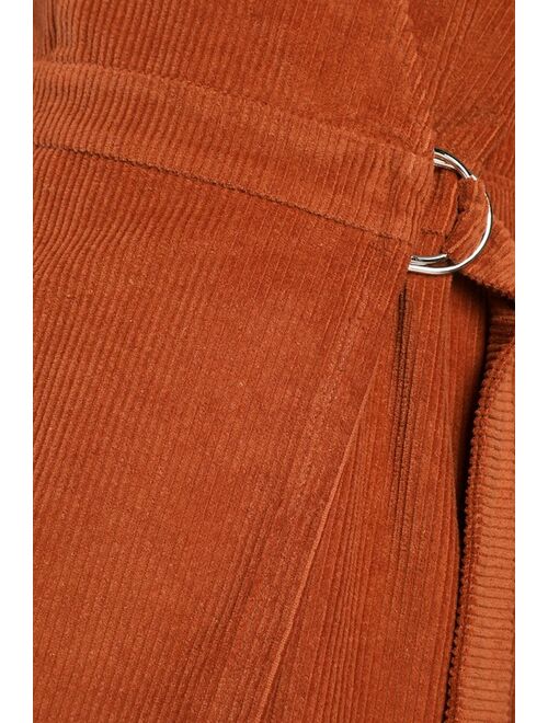 Lulus Absolutely Cute Rust Orange Corduroy Faux-Wrap Skort Romper