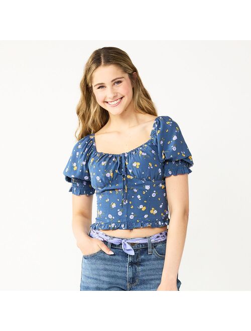 Juniors' SO Cropped Tie-Front Puff Top