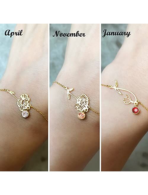 Nupdot Birth Flower Bracelets, 14K Gold Plated Birth Month Floral Birthstone Charm Bracelets Wildflower Birthflower Jewelry Birthday Gifts for Women Girls
