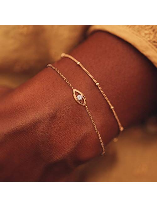 MTMY Evil Eye Bracelet for Women 14K Gold Plated Dainty Bracelets with Crystcal Adjustable Chain Cute Eye Bracelet Gold Jewelry Gift for Her