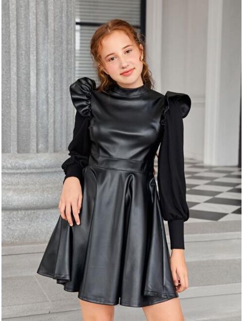 SHEIN Teen Girls Mock Neck Ruffle Patent Dress