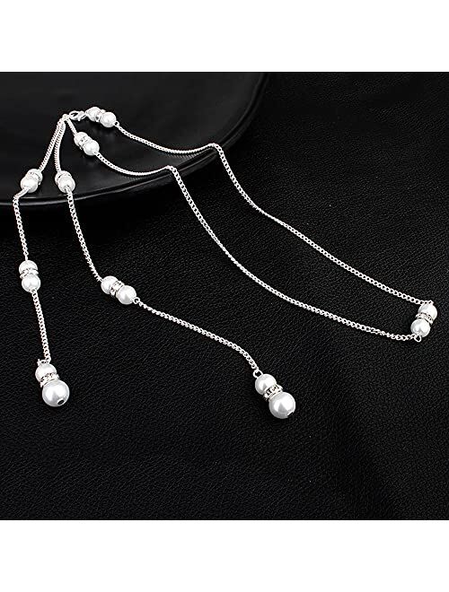 Asphire Vintage Bridal Pearl Back Chain Necklace Long Pendant Lariat Y Necklace Crystal Pearl 1920s Costume Wedding Accessories for Women and Girls