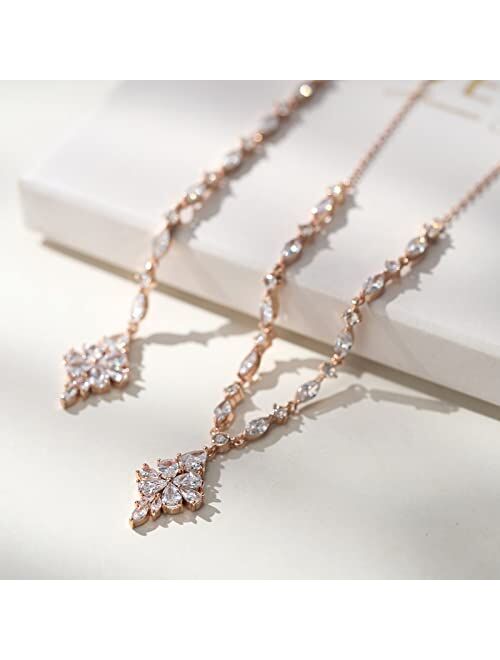 SWEETV Cubic Zirconia Bridal Backdrop Necklace, Crystal Rhinestone Wedding Backdrop Necklace for Brides Bridesmaid Women, Leaf Cluster Pendant Back Chain Necklace for Wed
