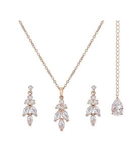 SWEETV Marquise Wedding Jewelry Set for Brides, Bridal Bridesmaids Jewelry Set, Cubic Zirconia Backdrop Necklace Earrings Set for Women