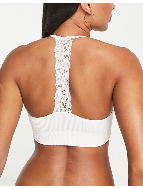 New Look seamless lace back crop bra top in white