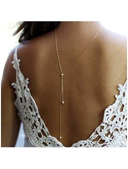 Olbye Back Necklace Pearl Backdrop Necklaces Body Chain Jewelry for Women and Girls Bridal Jewelry