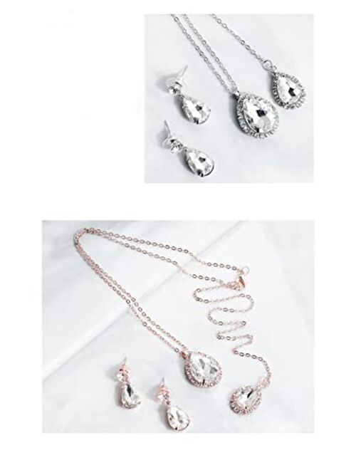 Minzaos BETHYNAS Bridal Crystal Necklace Earrings Set Dainty Rhinestone Teardrop Backdrop Necklace Earrings for Wedding Shiny Back Chain Necklace Earrings for Women Girls