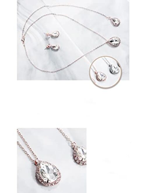 Minzaos BETHYNAS Bridal Crystal Necklace Earrings Set Dainty Rhinestone Teardrop Backdrop Necklace Earrings for Wedding Shiny Back Chain Necklace Earrings for Women Girls